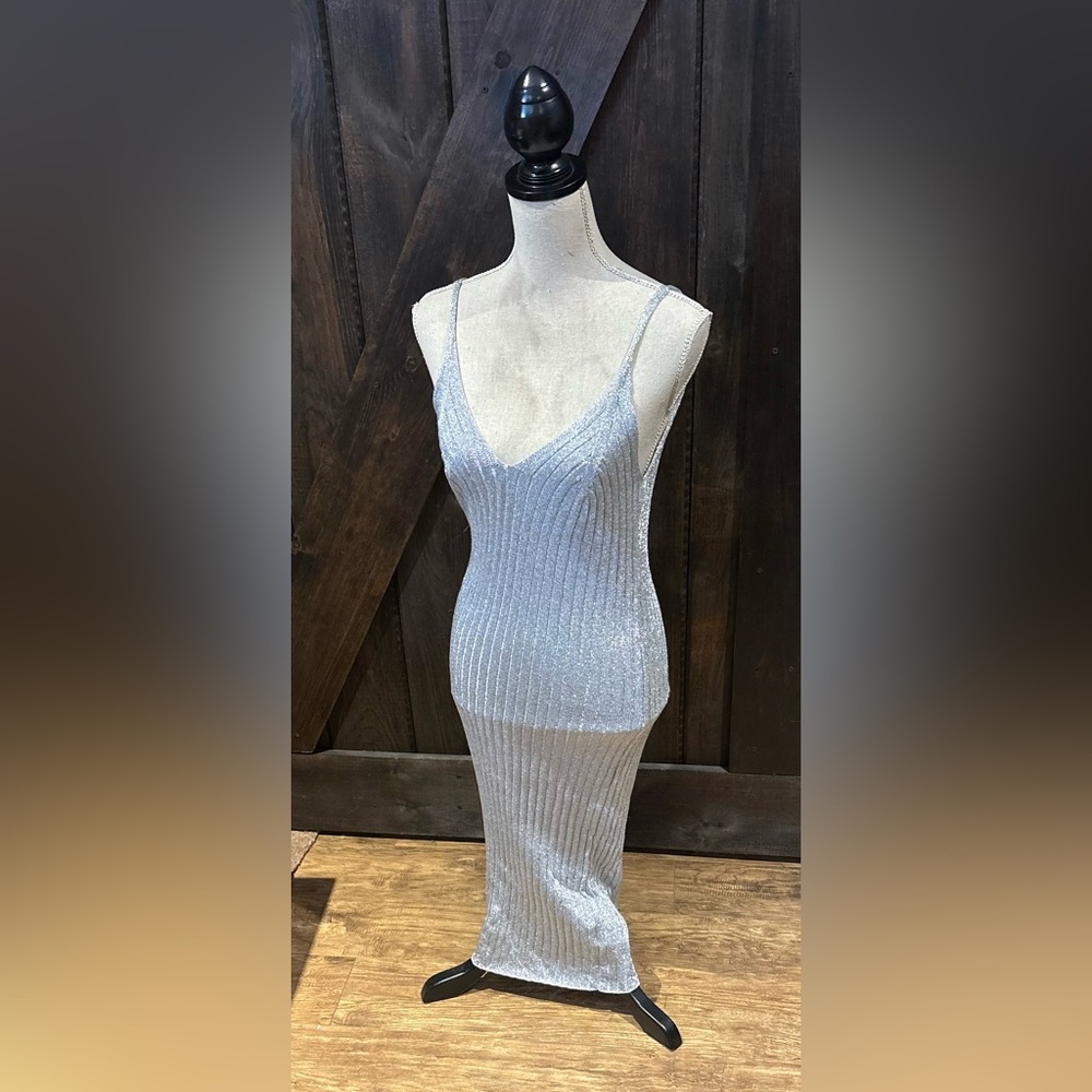 Sparkly silver stretchy maxi dress vneck and back size M H&M dress